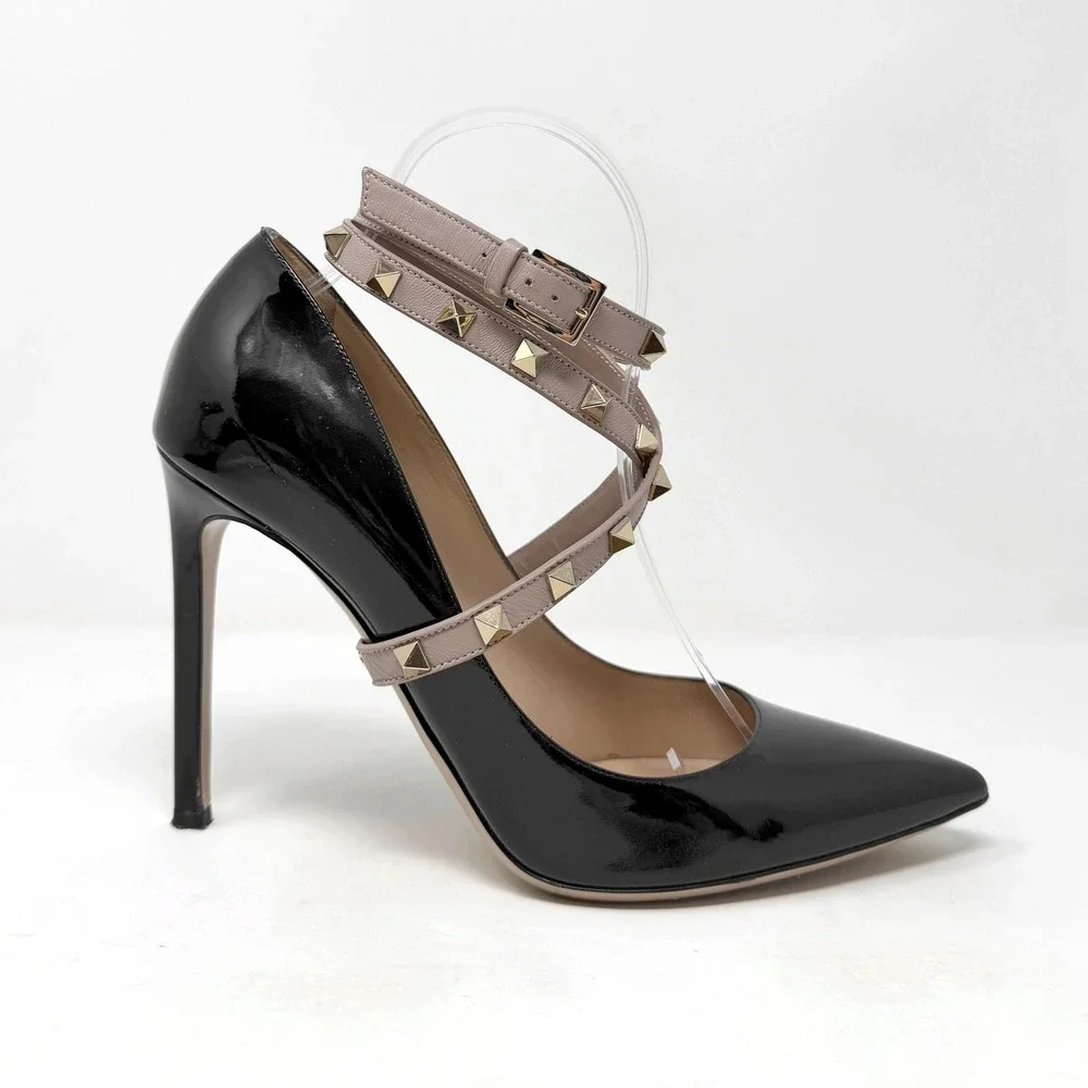 Valentino‎ Rockstud Black Patent Leather Heels Pointed Toe 39.5